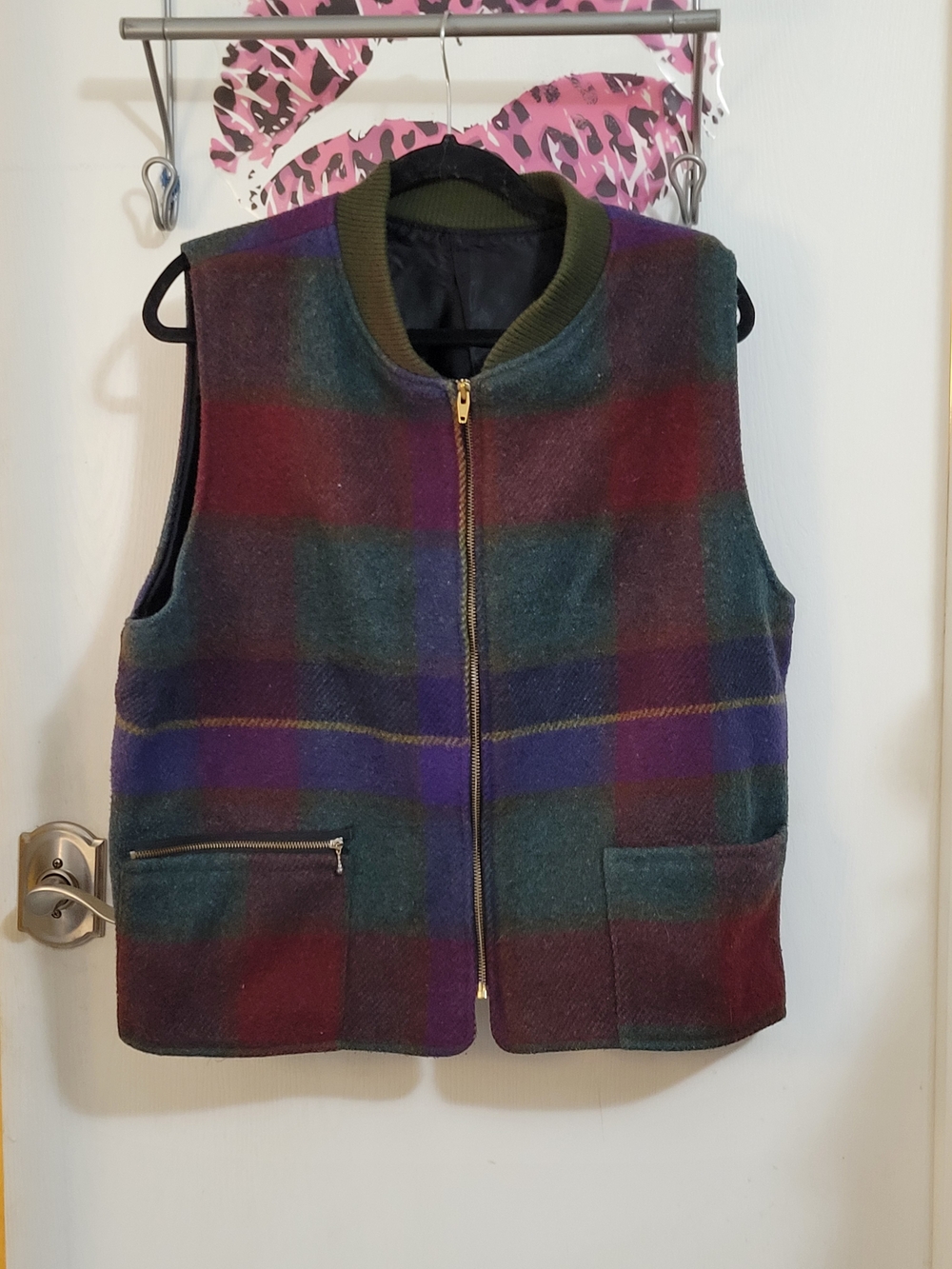 Roots Green Multi Plaid Wool Zip Vest